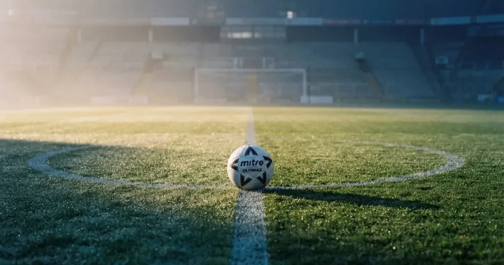 Ein Fussballplatz im Morgennebel, im Mittelkreis liegt ein einzelner Ball und der Rasen glänzt vom Tau.