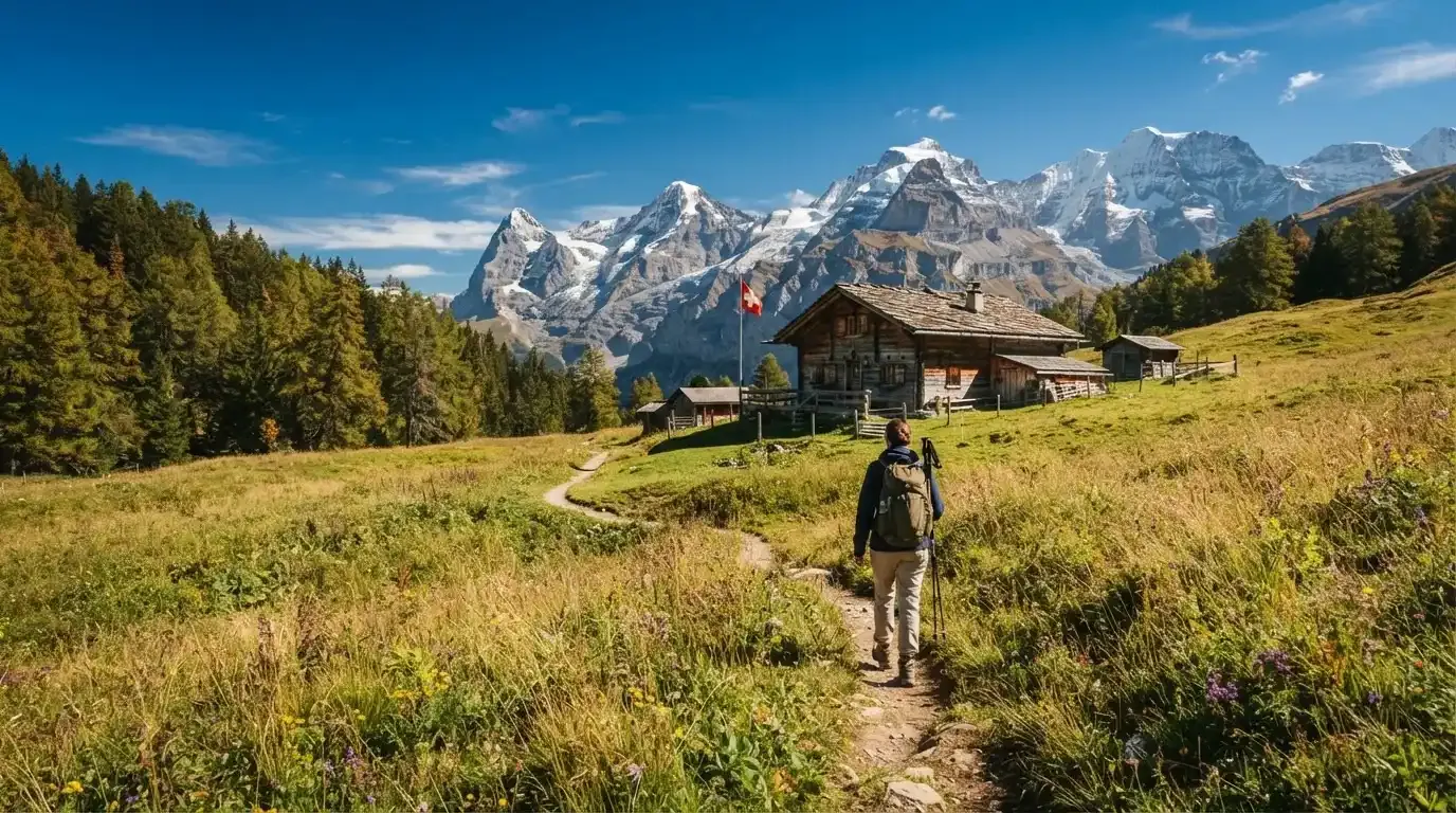 Ein Wanderweg führt über eine Alpwiese zu einem Holzchalet, dahinter ragen verschneite Gipfel in den Himmel.