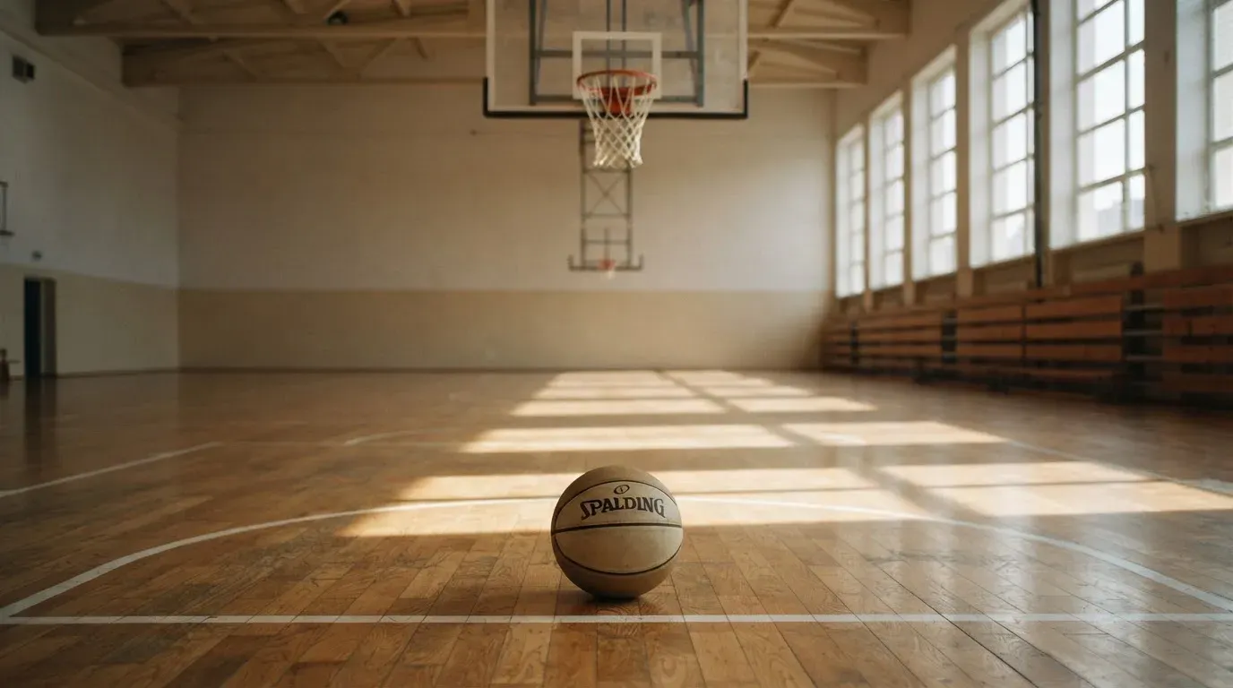 Ein Basketball liegt unter dem Korb in einer leeren Sporthalle, durch hohe Fenster fällt Tageslicht auf das Parkett.