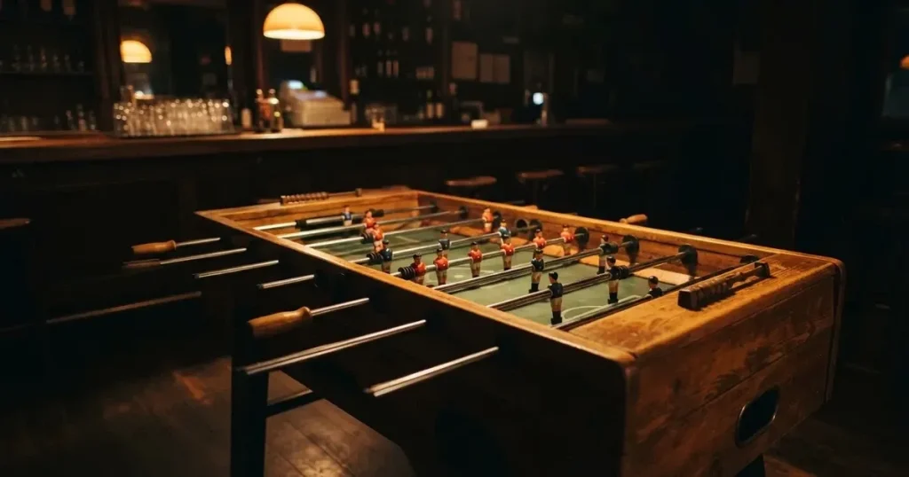 Ein hölzerner Tischfussball steht in einer leeren Bar, die Stangen mit den Figuren glänzen im Gegenlicht einer Lampe.