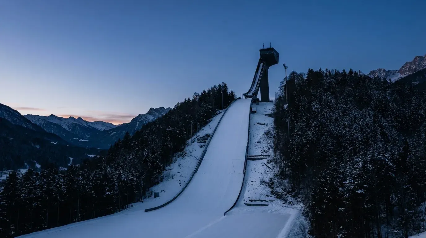 Eine Skisprungschanze ragt in der Dämmerung über einen Wald in den Alpen, der Auslauf liegt verschneit und leer da.
