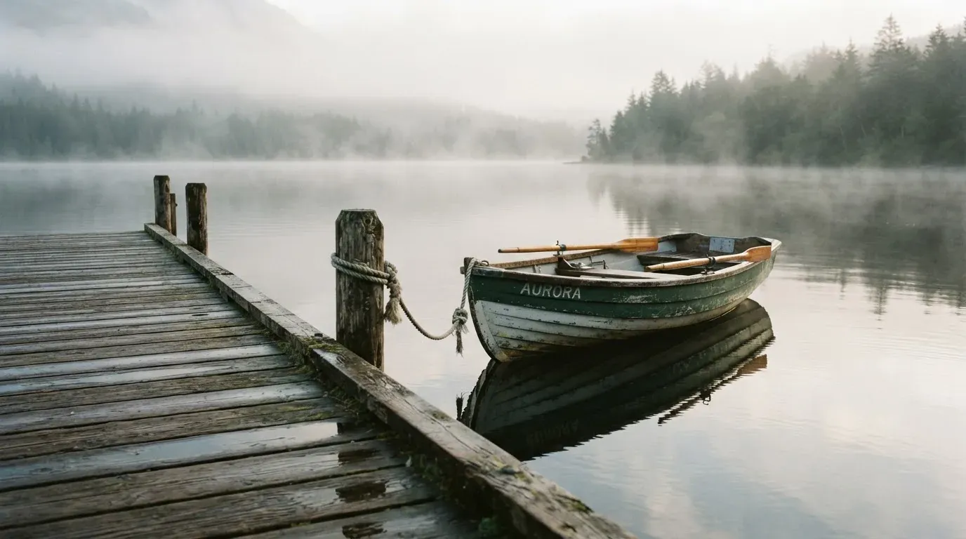 Ein Ruderboot liegt an einem Steg am Ufer eines Sees, über dem Wasser steigt dünner Nebel auf.