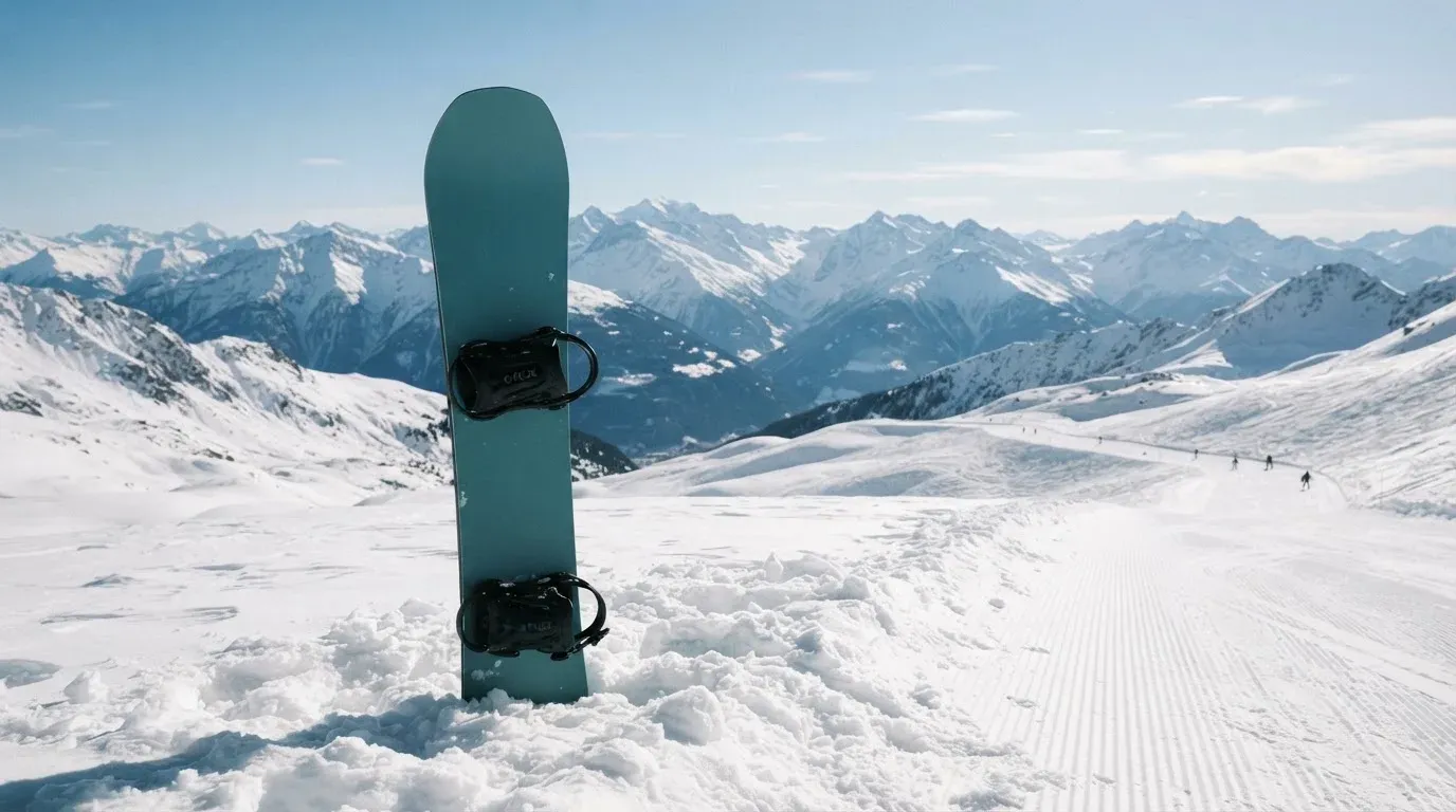 Ein Snowboard steckt aufrecht im Schnee am Rand einer Piste, dahinter spannt sich klarer Himmel über verschneiten Gipfeln.
