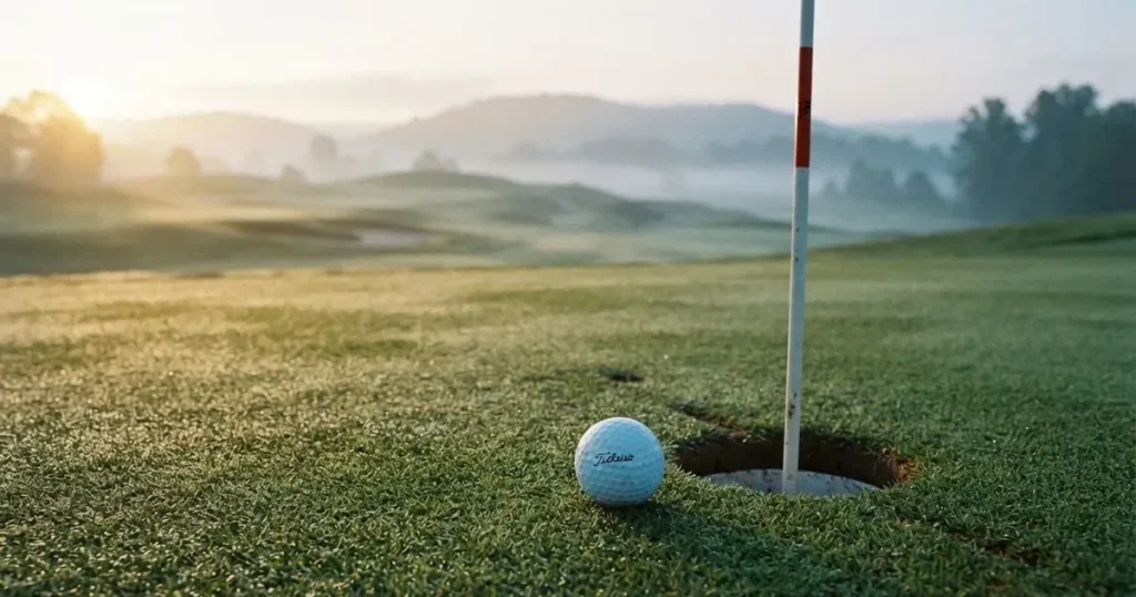 Ein Golfball liegt auf dem Grün nahe beim Loch, dahinter erstrecken sich sanfte Hügel im Nebel.