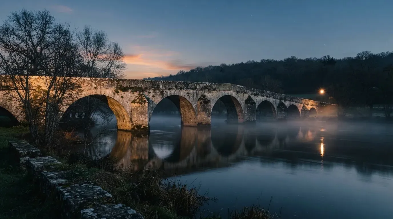 Eine Steinbrücke spannt sich in der Dämmerung über einen Fluss, auf dem Wasser liegt leichter Nebel.