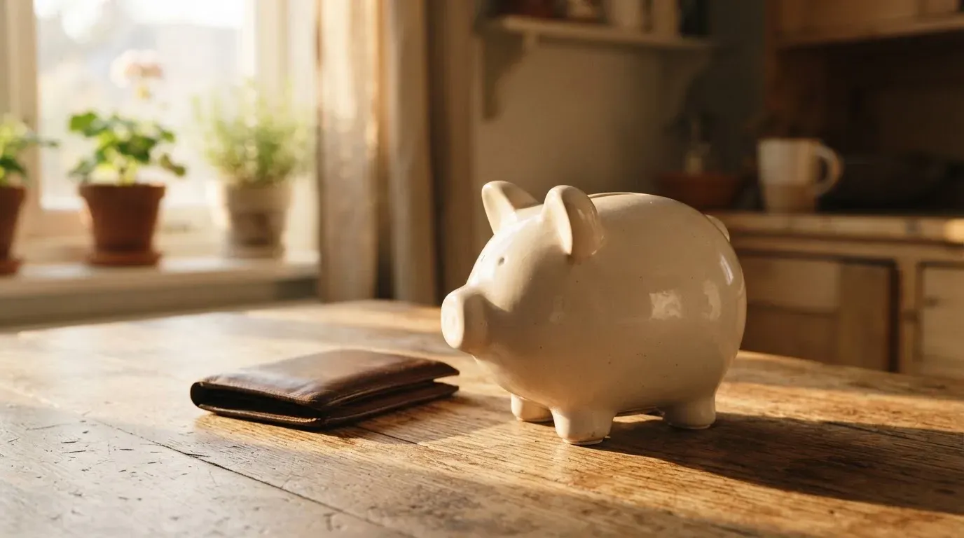 Ein Sparschwein aus Keramik steht auf einem Küchentisch neben einer leeren Geldbörse im Licht des Morgens.