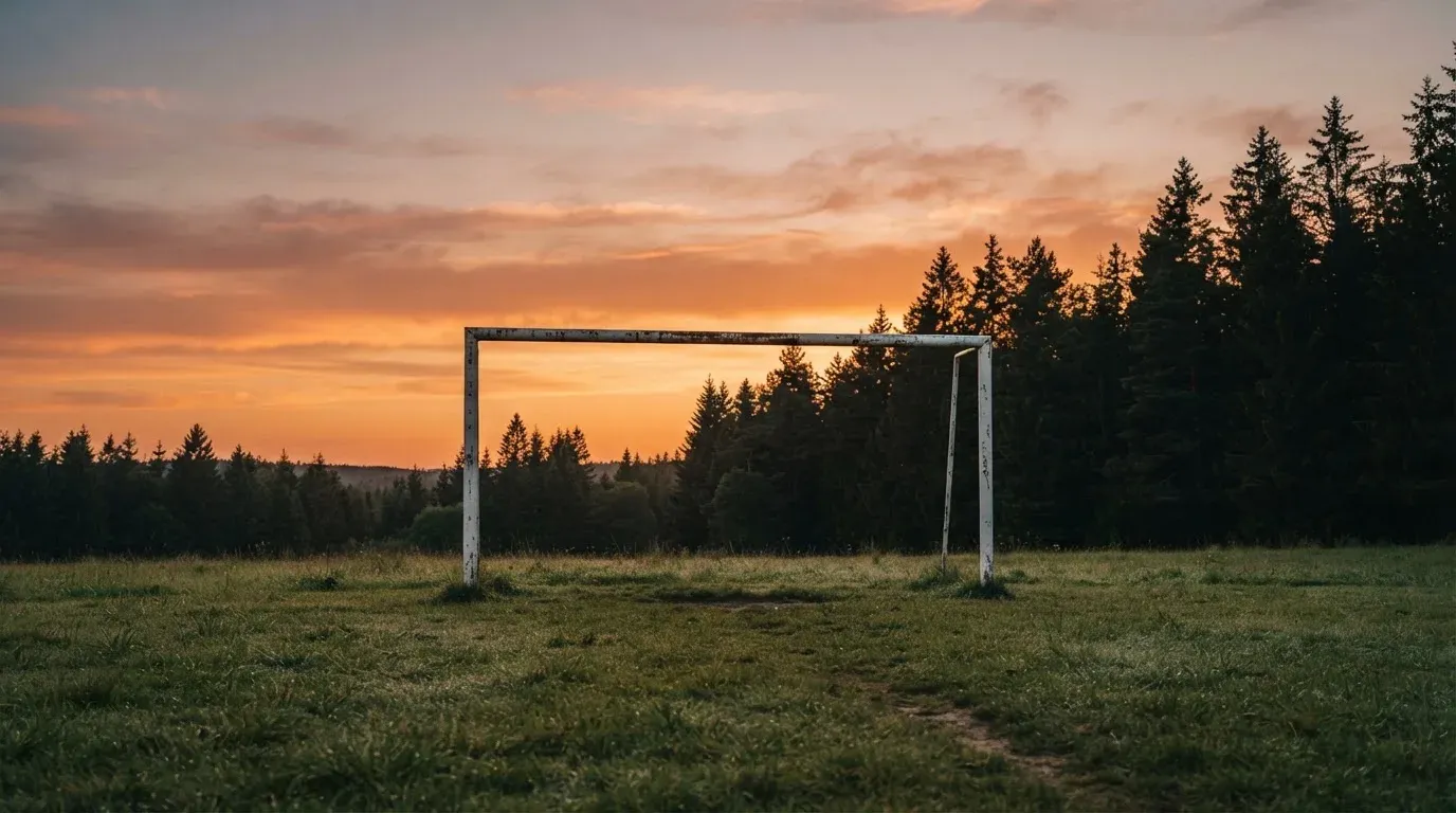 Ein Fussballtor ohne Netz steht auf einer Wiese am Waldrand, die Abenddämmerung färbt den Himmel orange.