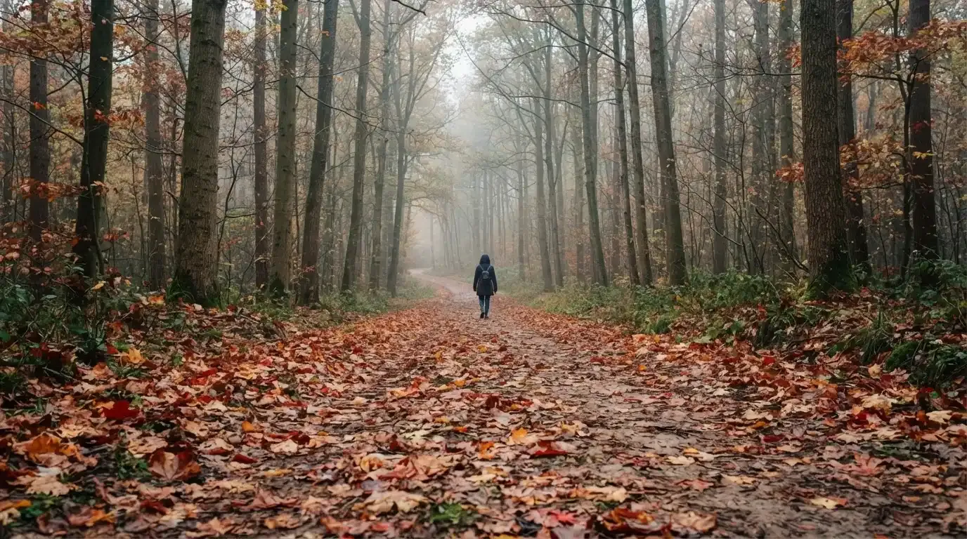 Ein Waldweg im Herbst mit buntem Laub, in der Ferne geht eine einzelne kleine Gestalt zwischen den Bäumen.