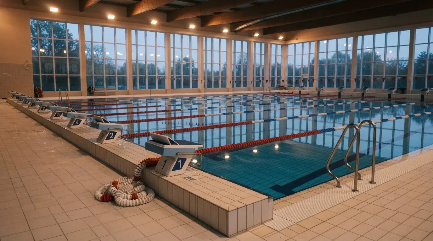 Ein leeres Schwimmbecken mit Startblöcken am Morgen, die Wasseroberfläche ist ruhig und spiegelt die Deckenlampen.