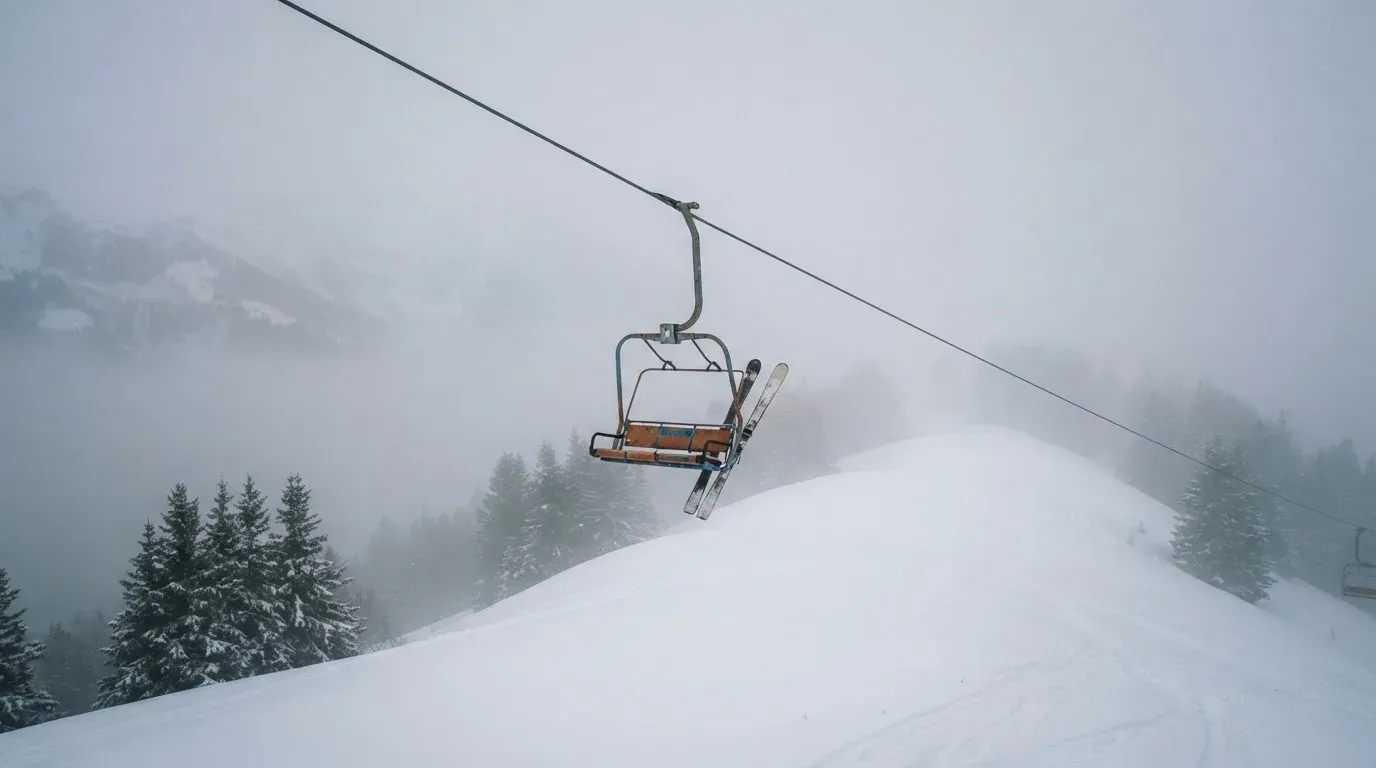 Ein Sessellift fährt leer durch dichten Nebel über eine winterliche Alp, unter ihm liegt unberührter Schnee.