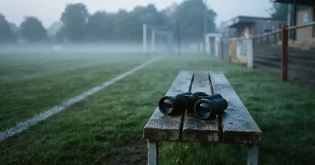 Ein Fernglas liegt auf einer leeren Holzbank an der Seitenlinie eines Fussballfelds, vom Rasen steigt Nebel auf.