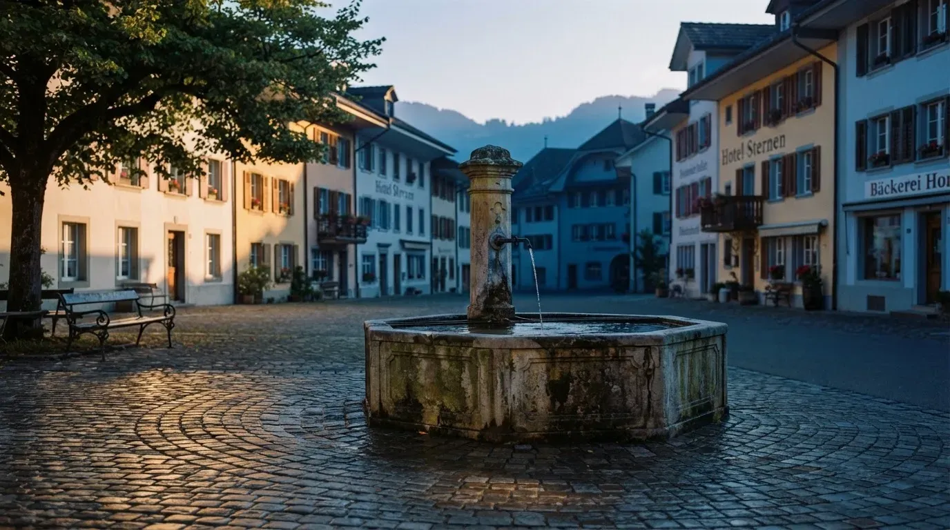 Ein stiller Dorfplatz mit einem Steinbrunnen im Frühlicht, auf dem Pflaster steht keine Person.
