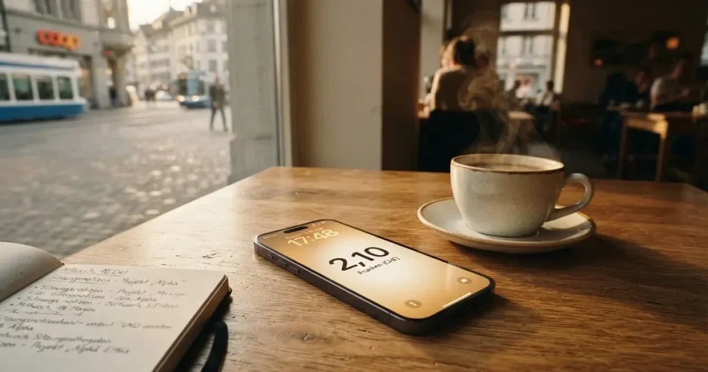 Ein Smartphone mit dunklem Display liegt auf einem Holztisch neben einer Kaffeetasse, durch das Fenster fällt warmes Abendlicht.