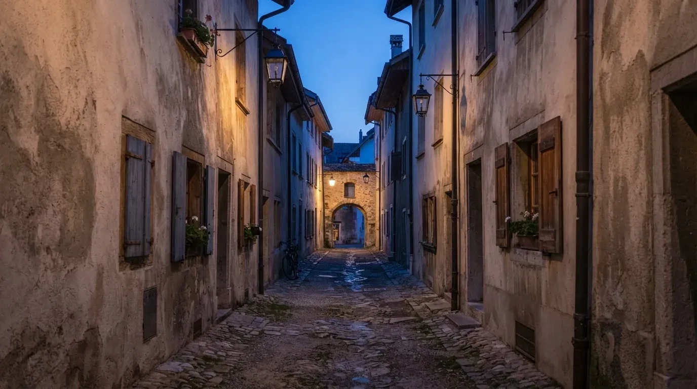 Ein schmaler Kiesweg führt zwischen zwei hellen Mauern durch eine Schweizer Altstadt, die Laternen sind noch nicht angezündet.
