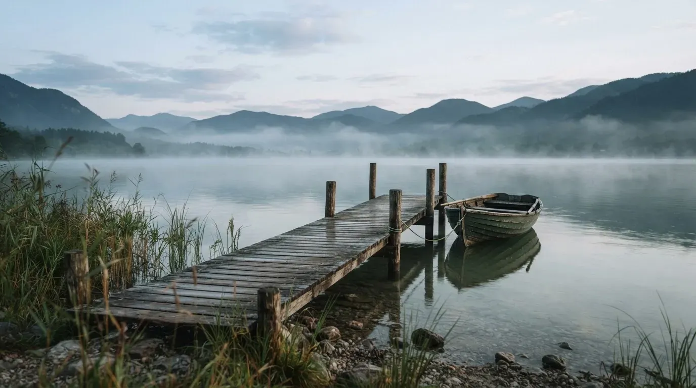 Ein Seeufer mit einem Holzsteg und einem vertäuten Ruderboot im Morgennebel, im Hintergrund die Silhouette von Bergen.