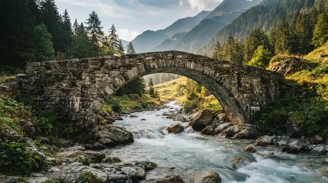 Eine Steinbogenbrücke überspannt einen Bergbach in den Alpen im Morgenlicht, an den Hängen stehen dunkle Nadelbäume.