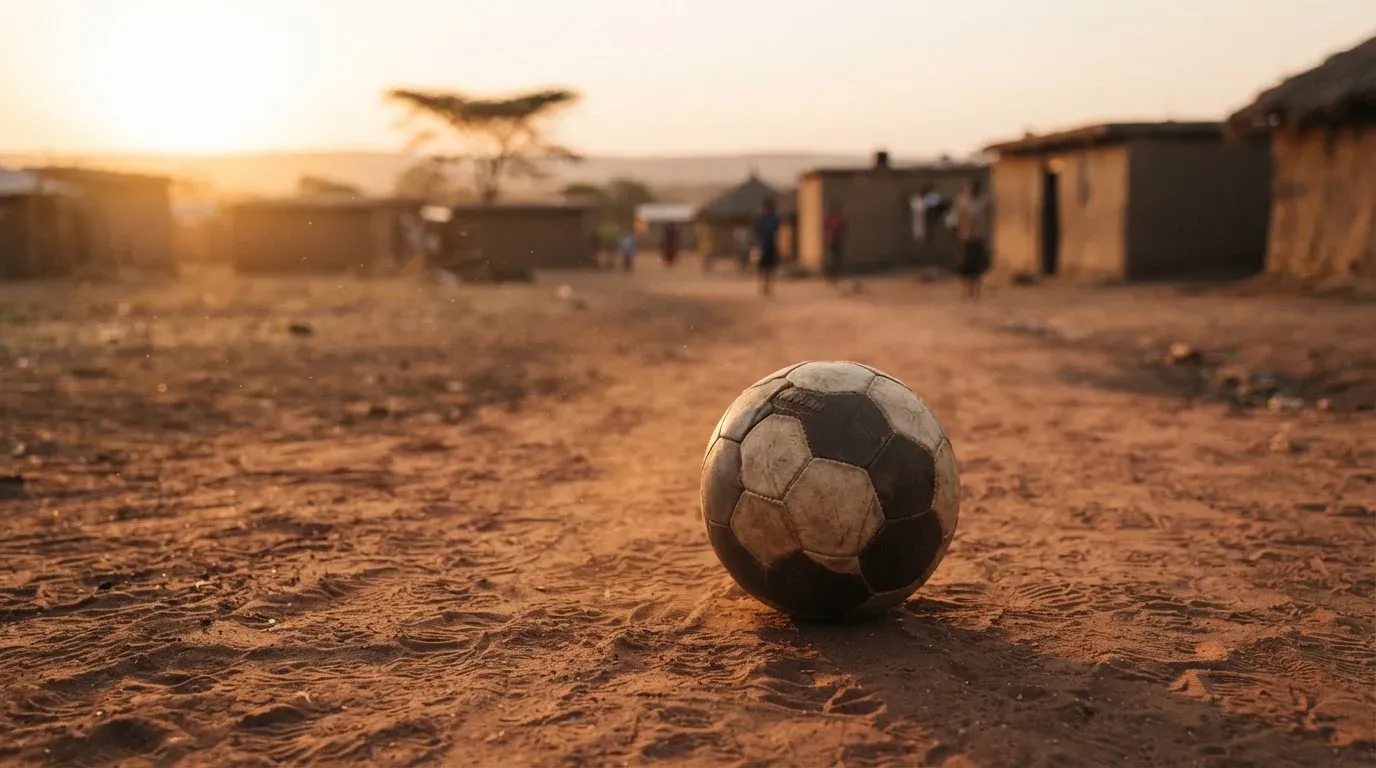 Ein Fussball liegt auf rotbraunem Sand am Rand eines Dorfes, die Abendsonne wirft lange Schatten.