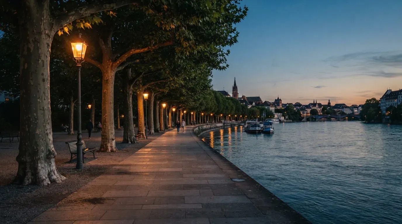 Eine Rheinpromenade mit hohen Bäumen am Abend, das Wasser spiegelt das Licht der ersten Laternen.