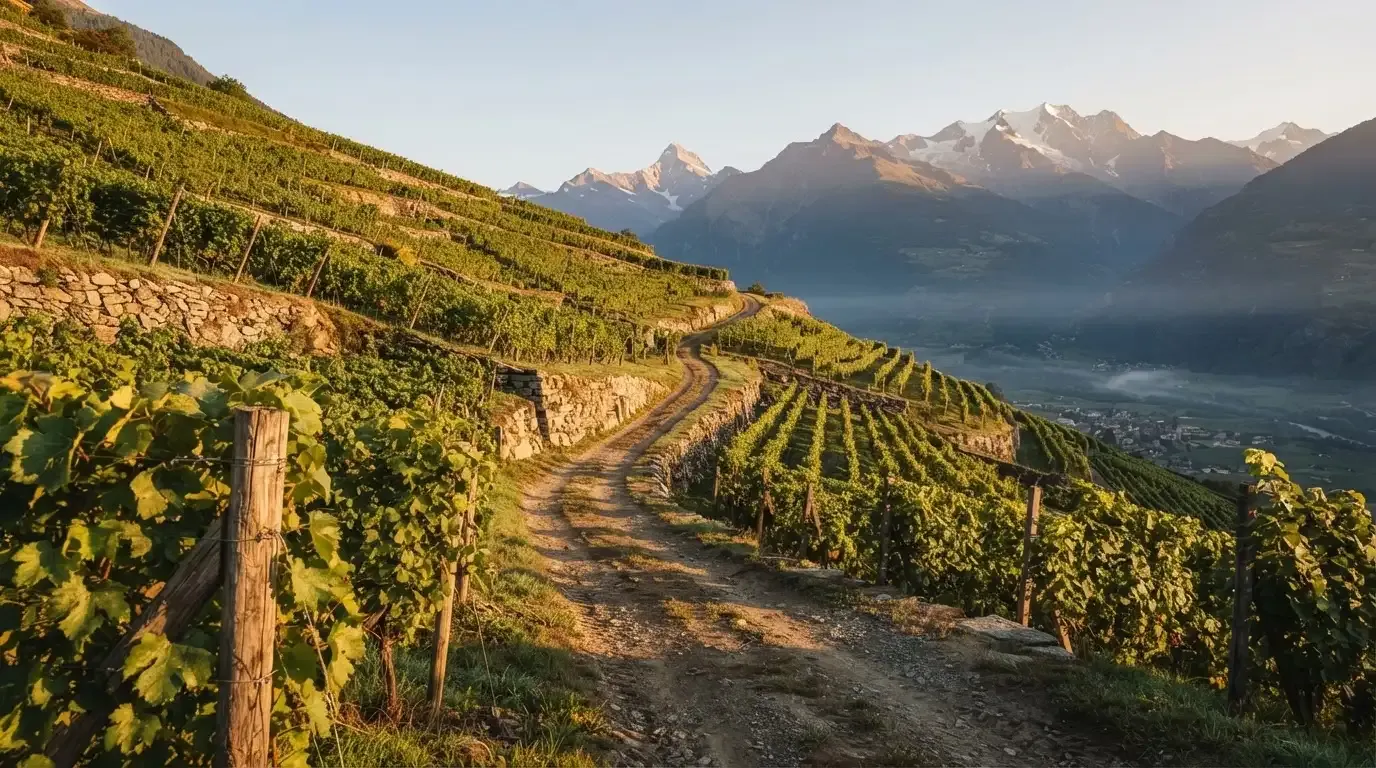 Ein Feldweg zwischen Weinreben im Wallis bei Sonnenaufgang, im Hintergrund hohe Berge und klare Luft.