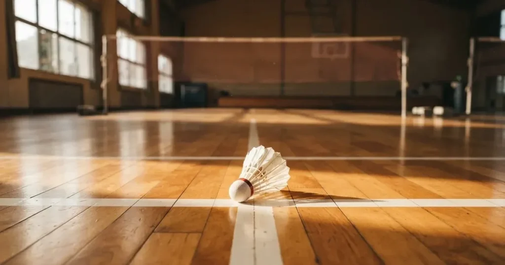 Ein Federball liegt auf dem Boden einer leeren Sporthalle, das Netz verschwimmt im Hintergrund, Licht fällt durch hohe Fenster.