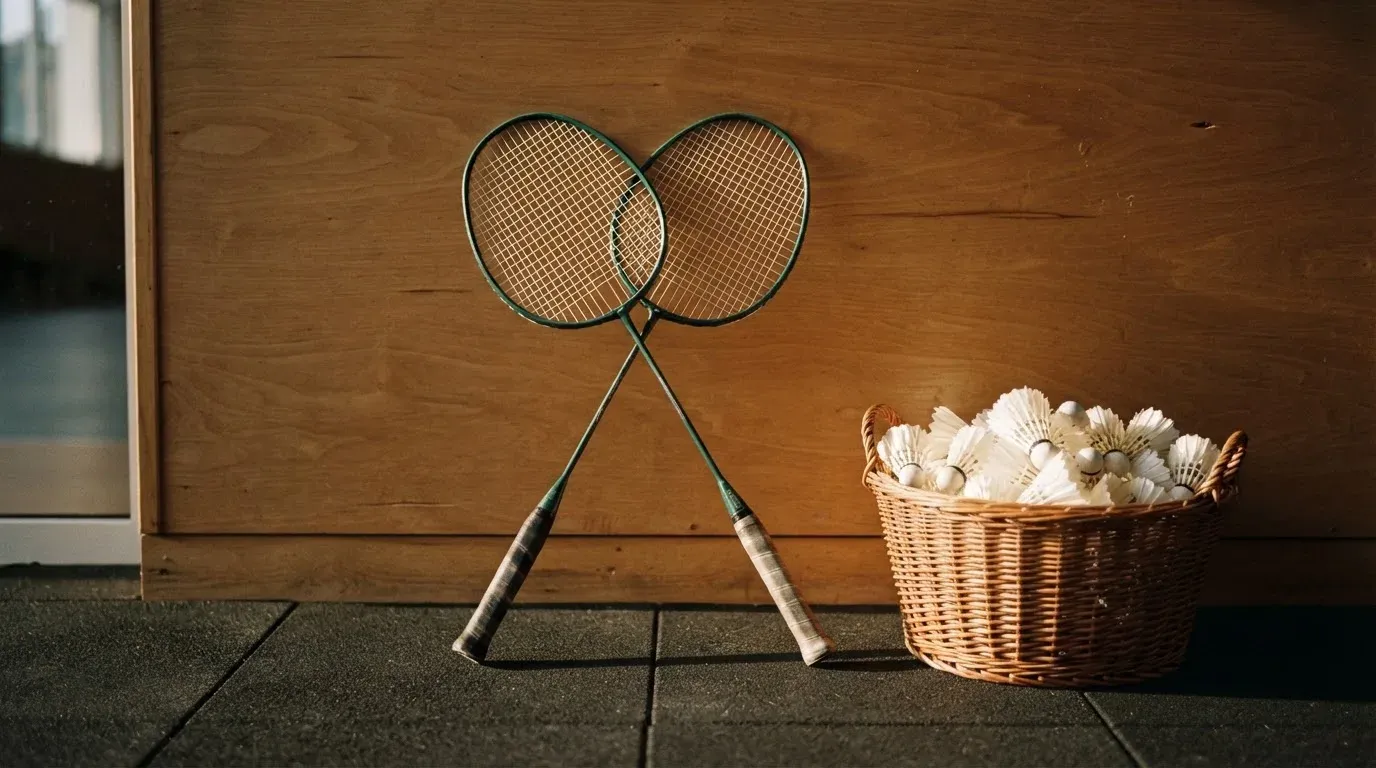 Zwei Badmintonschläger lehnen gekreuzt an einer Hallenwand aus Holz, daneben steht ein Korb mit Federbällen.
