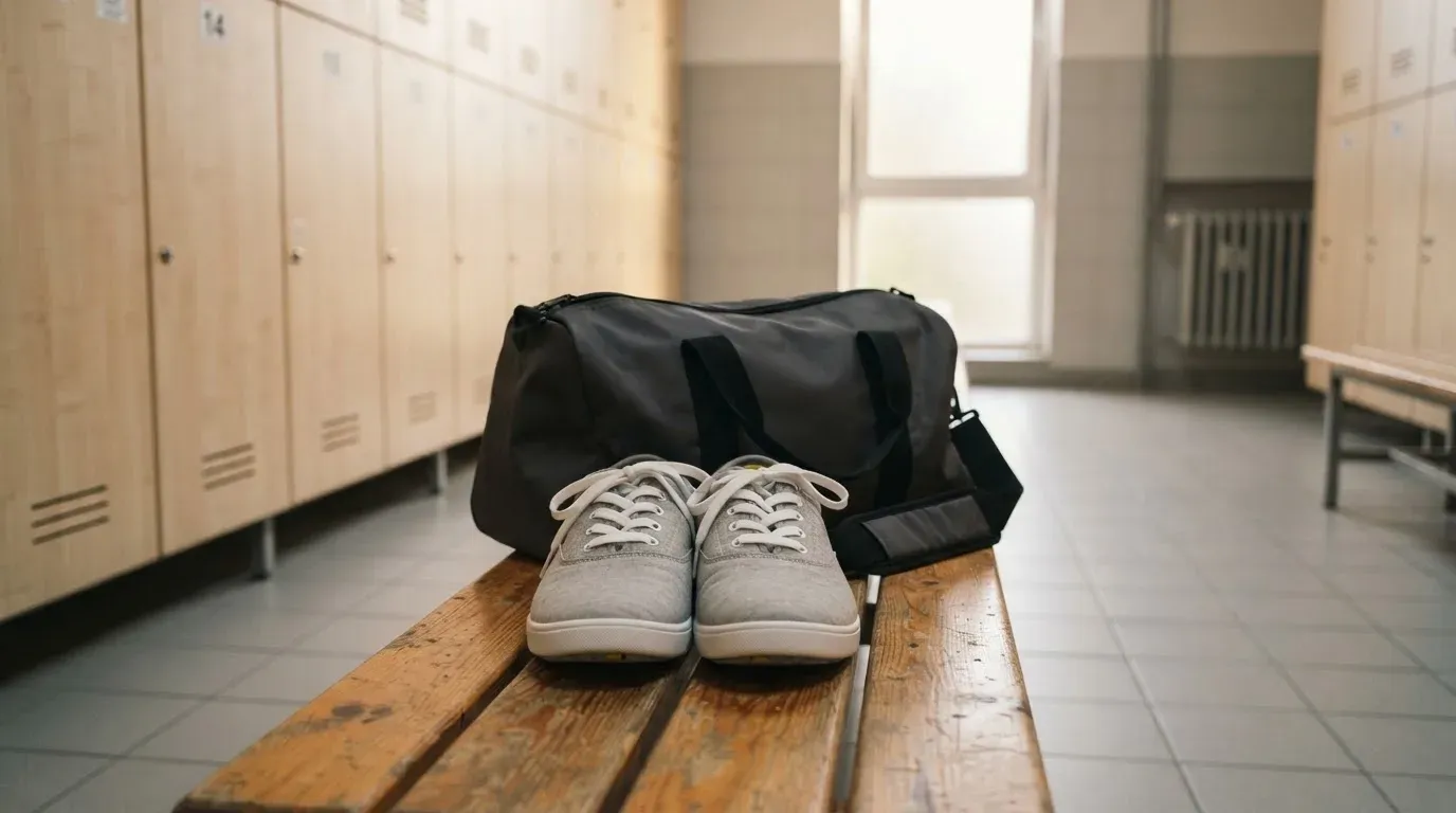 Ein Paar Hallenschuhe steht ordentlich neben einer Sporttasche auf einer Bank in einer leeren Garderobe, ein Fenster lässt Morgenlicht herein.