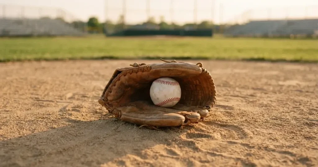 Ein Lederhandschuh und ein Ball liegen auf dem Sandboden eines leeren Spielfelds, die tiefstehende Sonne wirft lange Schatten.