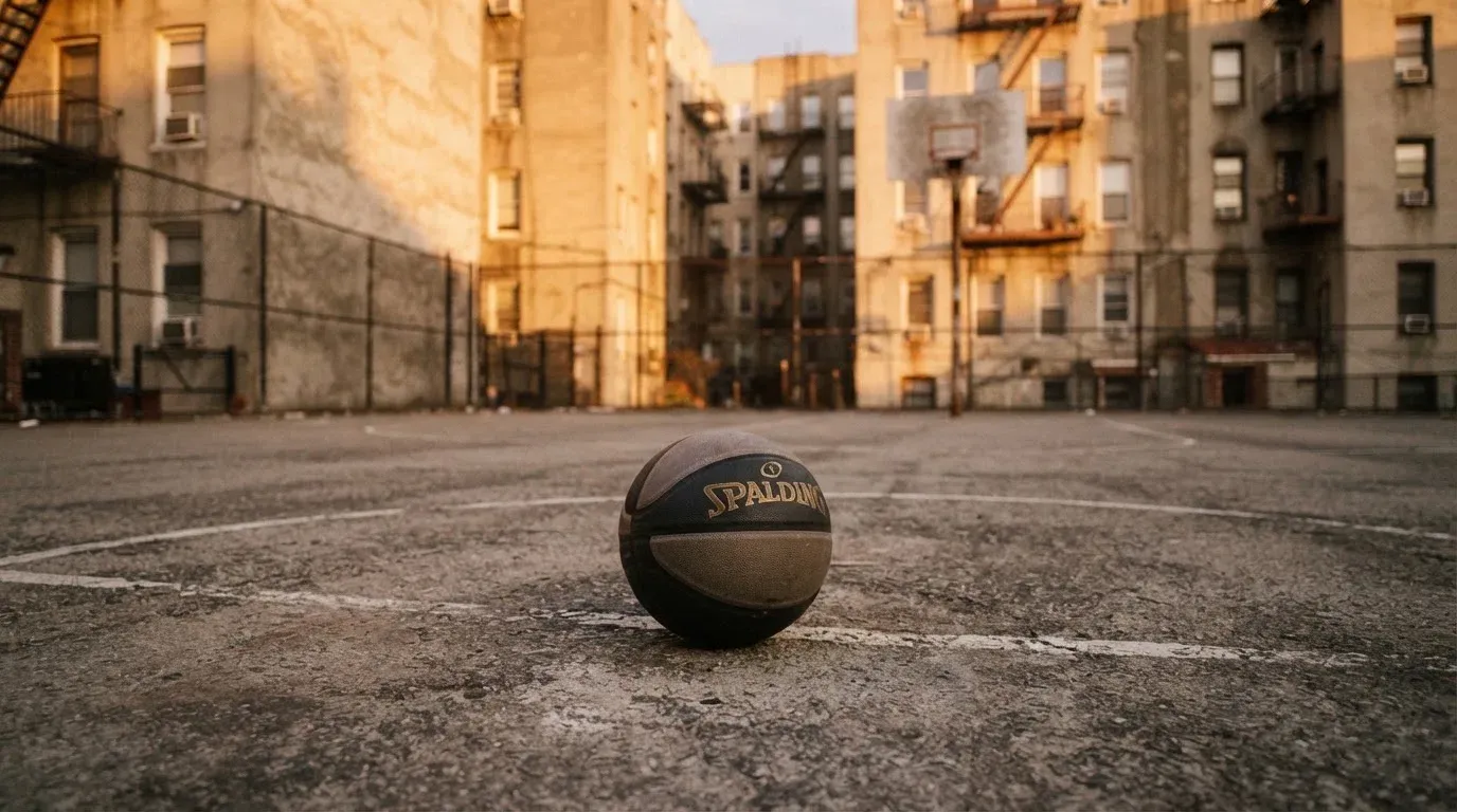 Ein Basketball liegt auf einem Asphaltplatz in einem Hinterhof zwischen Wohnblöcken, das Abendlicht färbt die Wände warm.