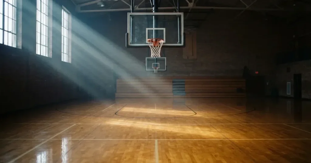 Ein Basketballkorb mit Netz in einer leeren Halle, Licht fällt von hohen Fenstern auf den glänzenden Parkettboden.