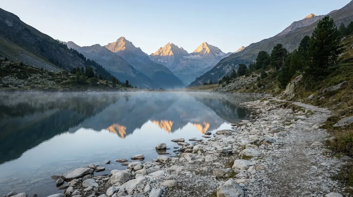 Ein Bergsee mit ruhigem Wasser und Gipfeln im Morgenlicht, am Ufer liegen glatte Steine.