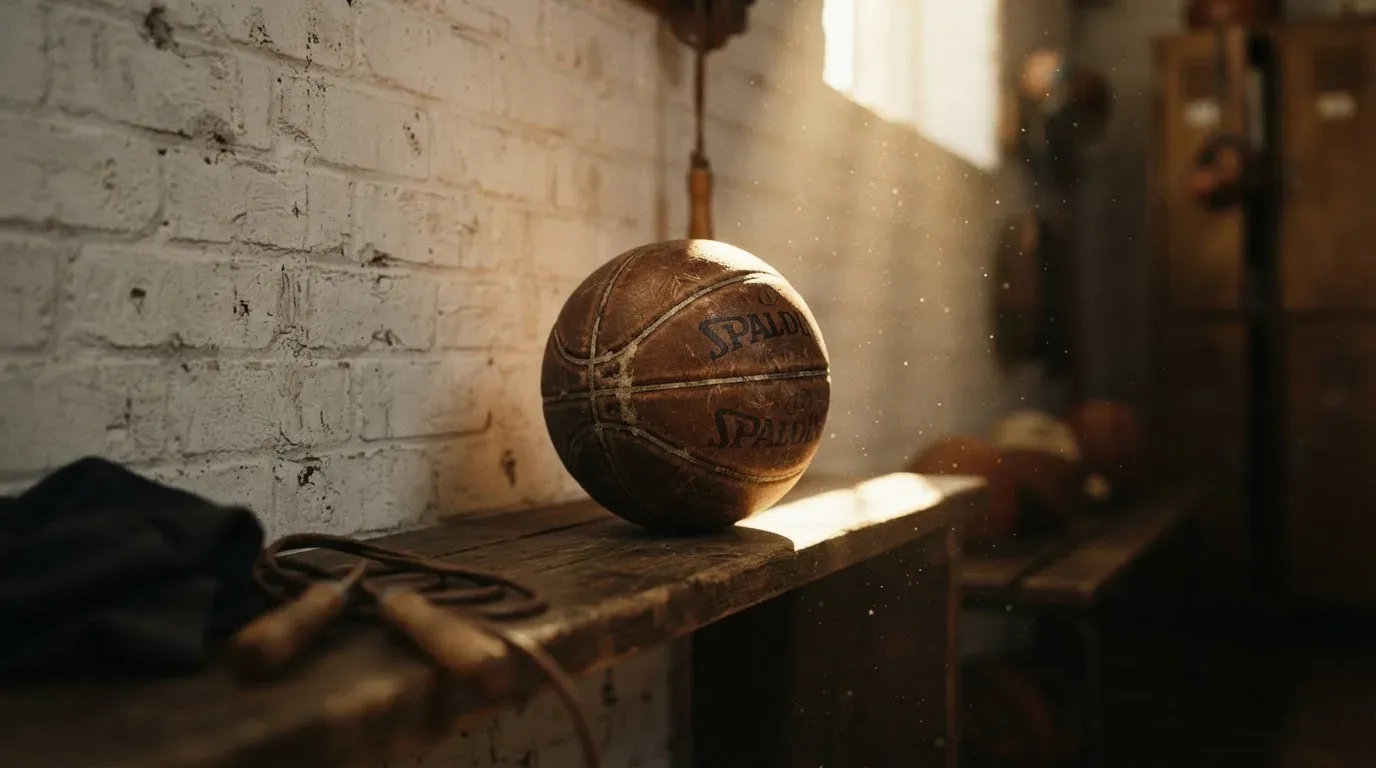 Ein abgenutzter Lederball liegt auf einem Holzregal in einem Vereinsraum, ein Sonnenstrahl macht den Staub sichtbar.