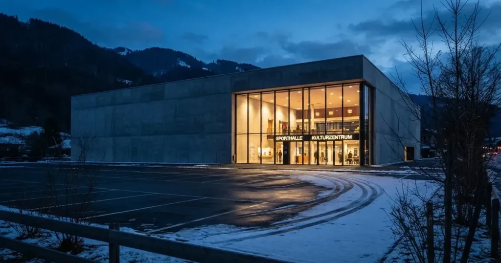Eine Sporthalle von aussen in der Dämmerung mit erleuchteten Fenstern, davor ein leerer Parkplatz mit etwas Schnee.