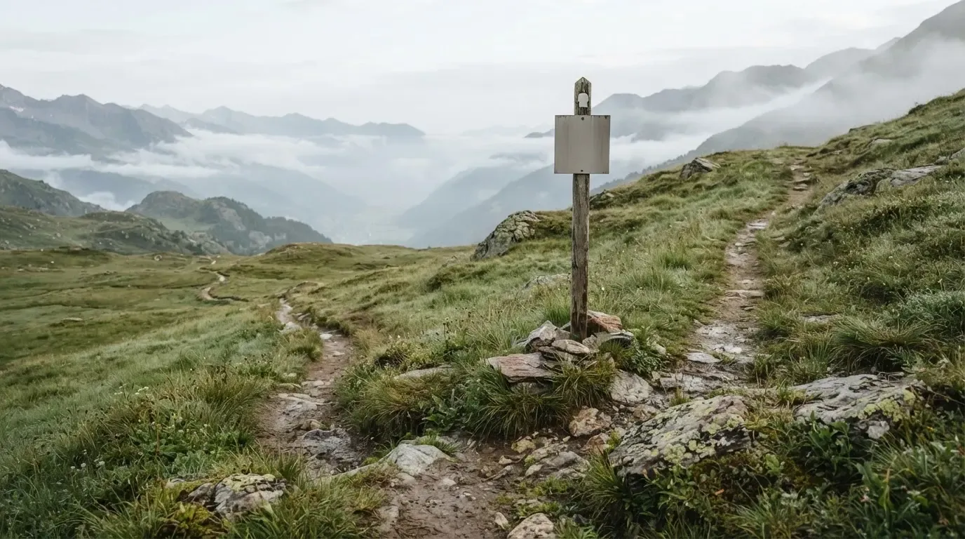Eine Weggabelung auf einer Alpweide, zwei Pfade teilen sich zwischen Steinen, im Tal steigt Nebel auf.