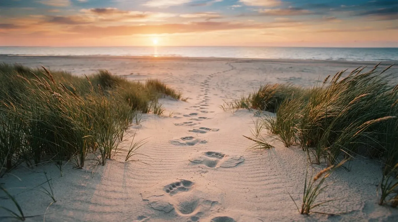 Spuren im Sand führen durch Dünengras auf den Horizont zu, die Sonne steht tief und färbt den Himmel orange.