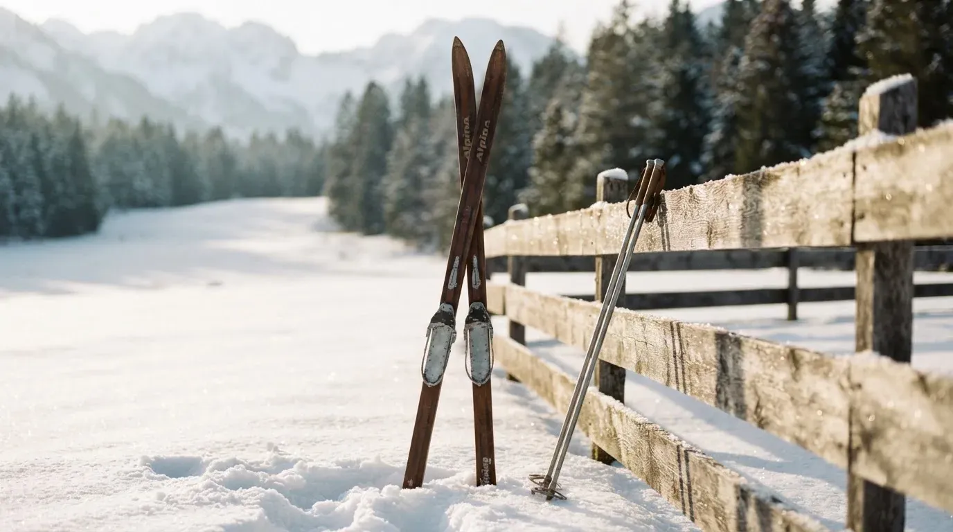 Ein Paar Langlaufskier steckt aufrecht im Schnee neben einem Holzzaun, die Sonne glitzert auf Eiskristallen.