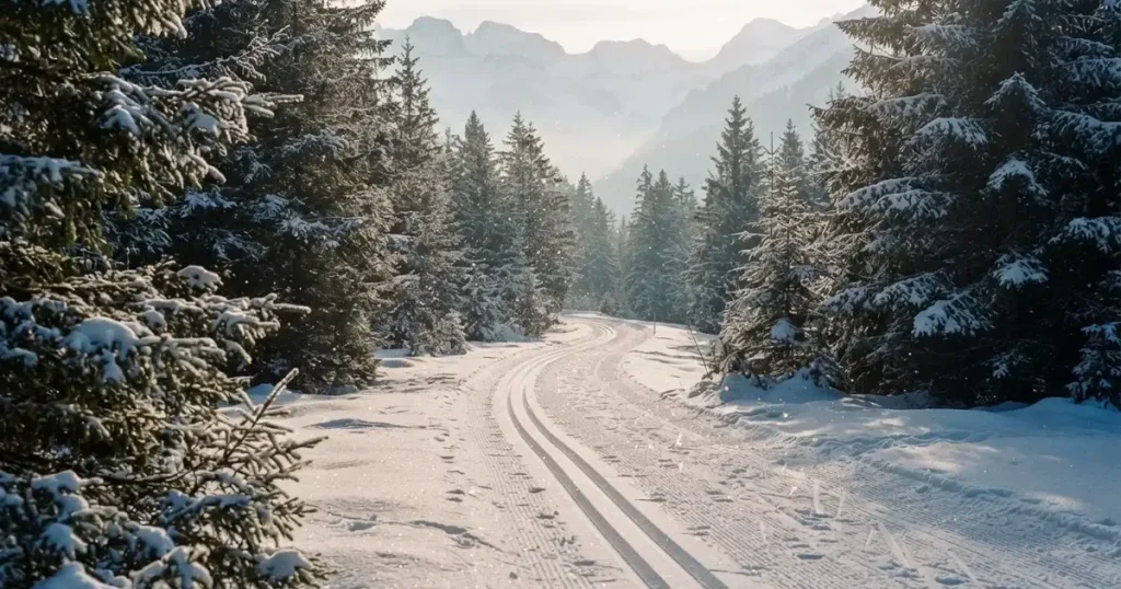 Eine verschneite Langlaufloipe führt durch Tannenwald im Morgenlicht, frische Spuren im Schnee, dahinter Berge im Dunst.