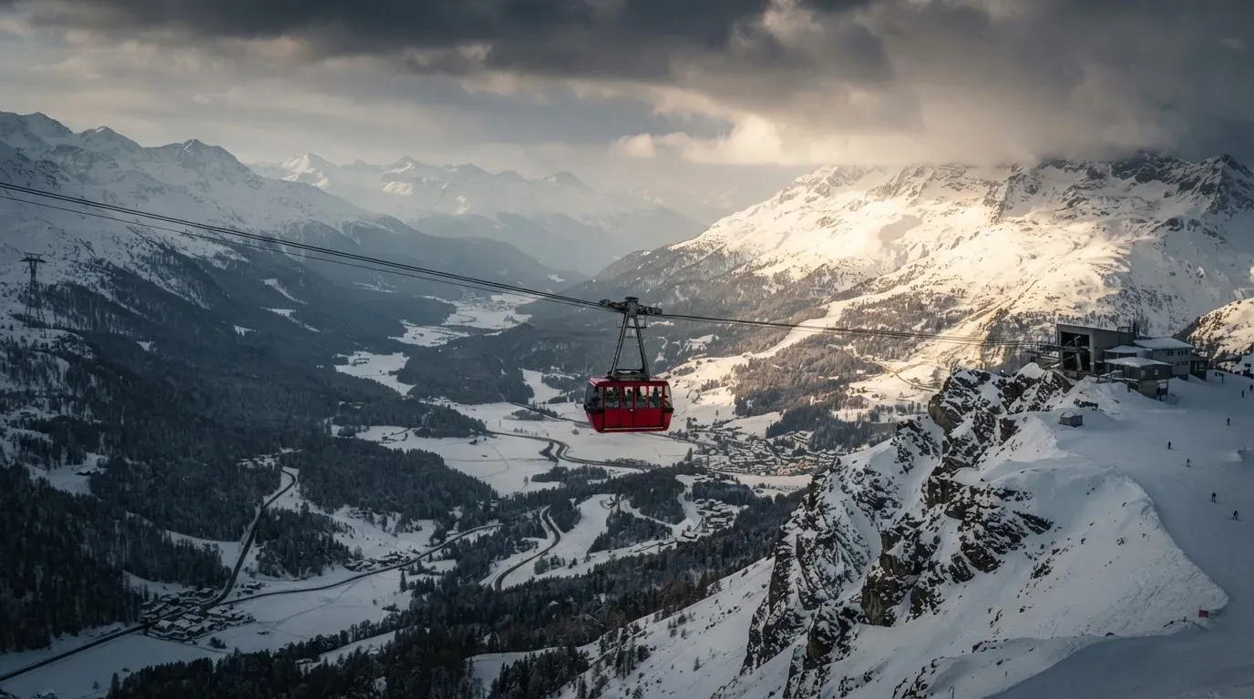 Eine Seilbahnkabine schwebt über einem verschneiten Tal, die Sonne bricht durch die Wolken und beleuchtet die Hänge.