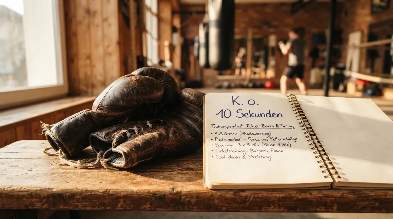 Ein Paar Boxhandschuhe aus Leder liegt auf einer Holzbank neben einem Notizbuch mit handgeschriebenen Zeilen, warmes Fensterlicht