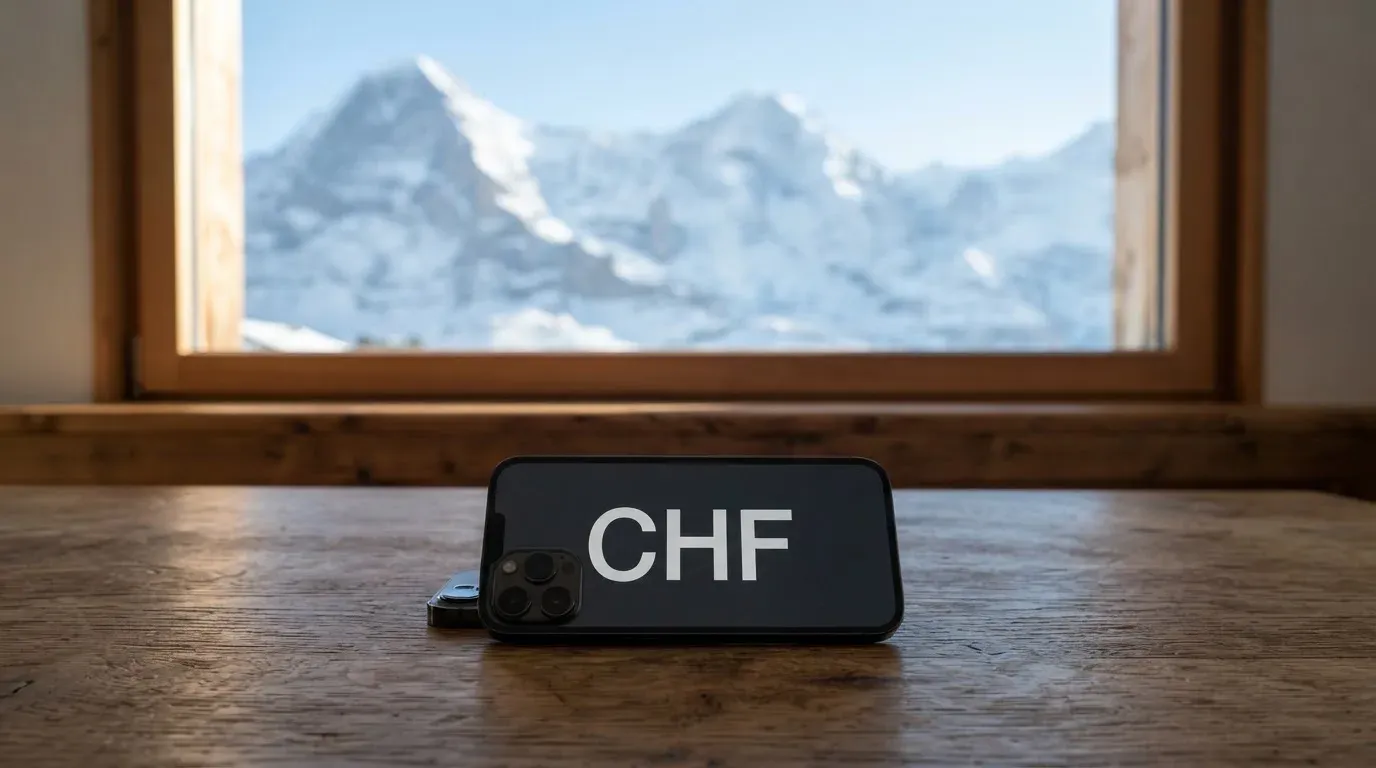 Ein Smartphone mit dunklem Bildschirm liegt auf einem Holztisch vor einem Fenster mit Blick auf schneebedeckte Gipfel