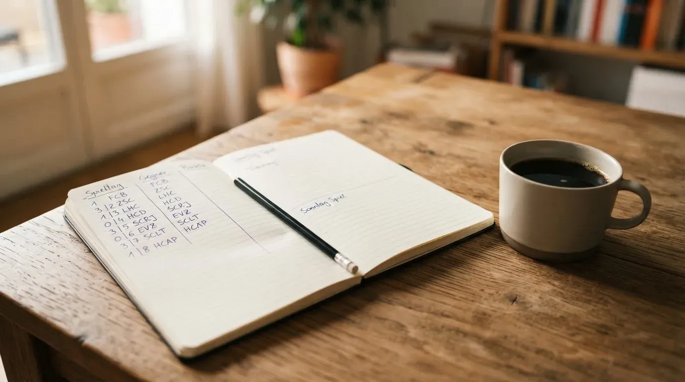 Ein aufgeschlagenes Notizbuch mit handgeschriebenen Spalten und ein Bleistift neben einer Tasse Kaffee auf einem Holztisch am Morgen