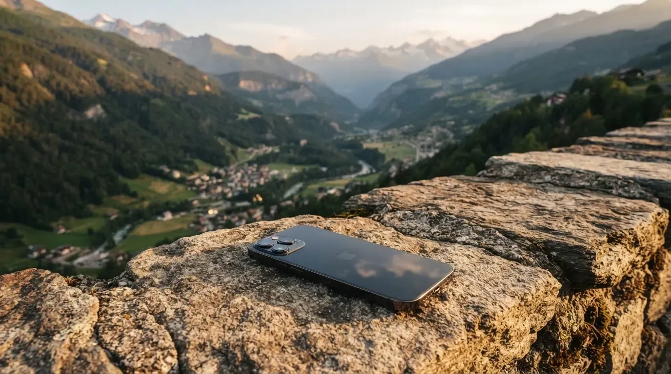Ein Smartphone mit dunklem Display liegt auf einer Steinmauer, dahinter ein Alpental im Abendlicht