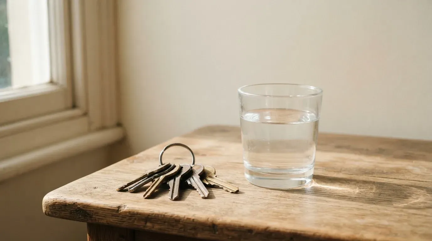 Ein Schlüsselbund und ein Glas Wasser stehen auf einem Holztisch im Licht eines Fensters