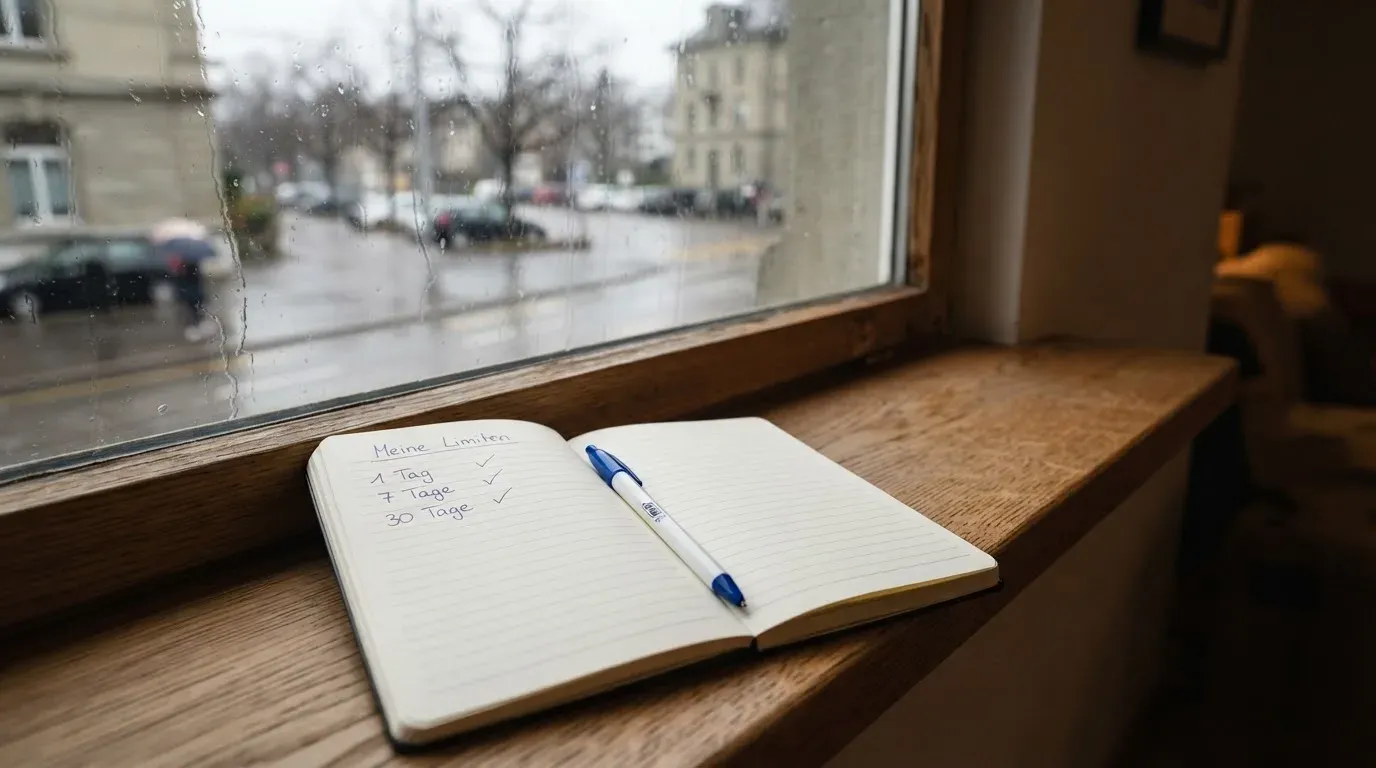 Ein aufgeschlagenes Notizbuch mit handgeschriebenen Notizen und ein Kugelschreiber liegen auf einer Fensterbank, draussen fällt Regen