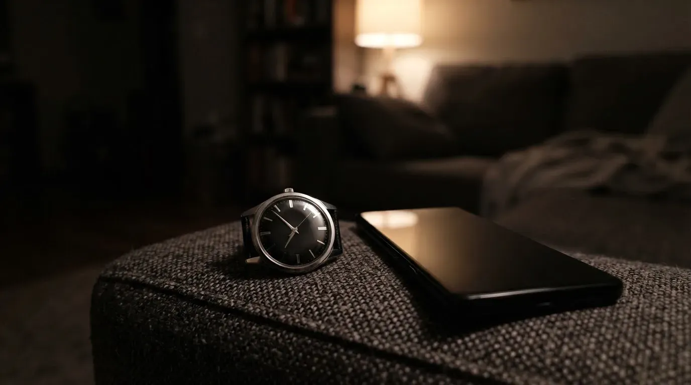 Eine Armbanduhr und ein Smartphone mit dunklem Display liegen auf einer Sofalehne in einem abgedunkelten Wohnzimmer