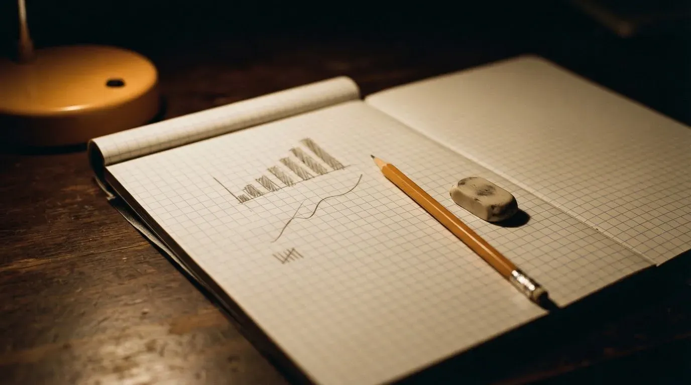 Ein Bleistift und ein Radiergummi liegen auf einem karierten Block mit handschriftlichen Skizzen, eine Schreibtischlampe brennt