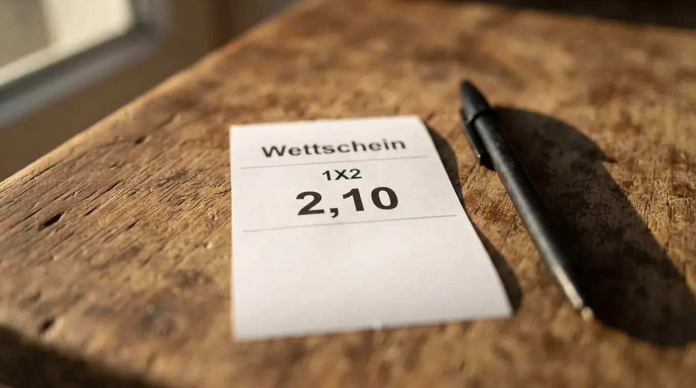 Ein leerer, weisser Wettschein aus Papier liegt neben einem Stift auf einer Holzplatte, Nahaufnahme im Seitenlicht