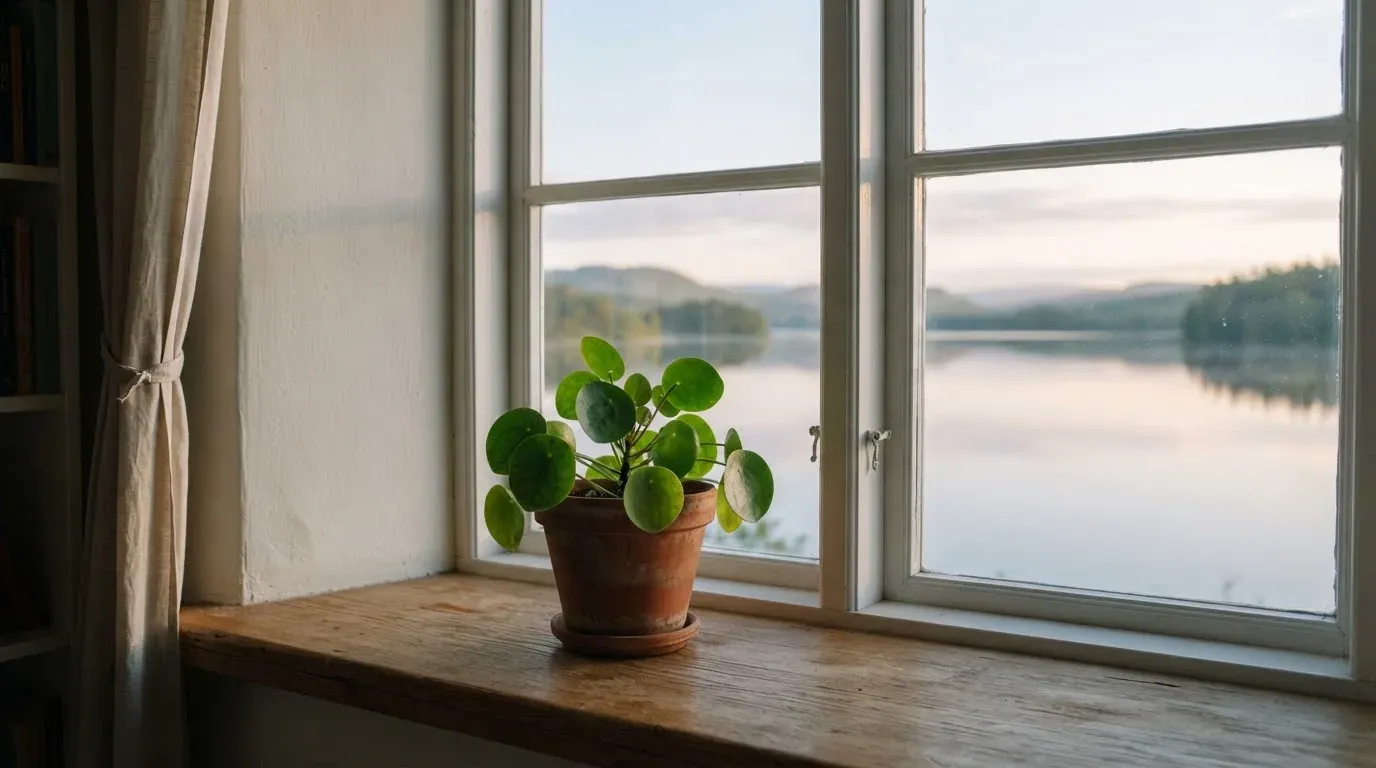 Eine Topfpflanze auf einem Fensterbrett mit weitem Blick über einen stillen See am Morgen