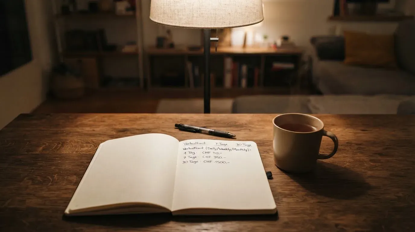 Ein Notizbuch mit handschriftlichen Einträgen und eine Tasse Tee stehen auf einem Tisch neben einer Stehlampe