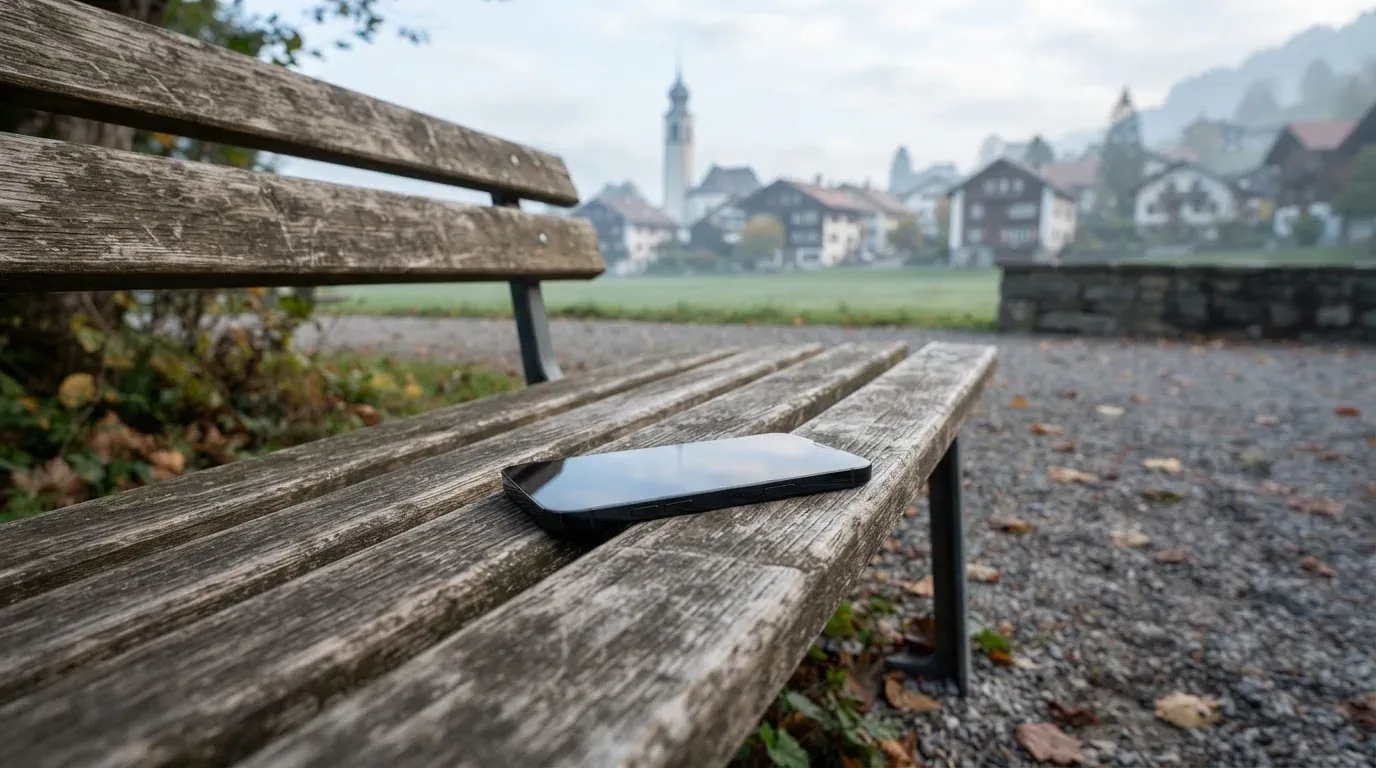 Ein Smartphone mit dunklem Display liegt auf einer Parkbank, dahinter ein Schweizer Dorf mit Kirchturm im Dunst