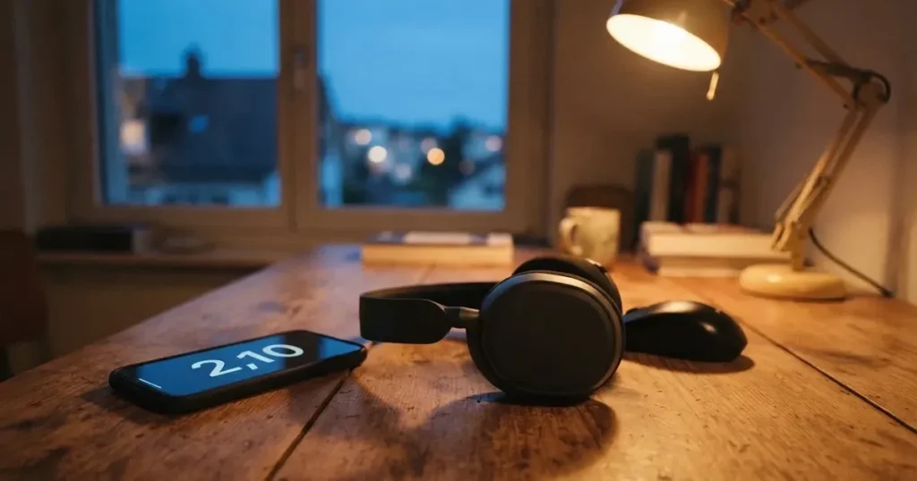 Ein Headset und eine Computermaus liegen auf einem Holzschreibtisch neben einer Tischlampe, draussen ist es Abend
